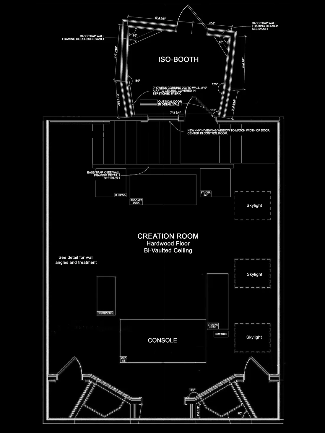 Studio Five floor plan: the creation room with the console, the Studer 827 and the 2-track, and the iso-booth