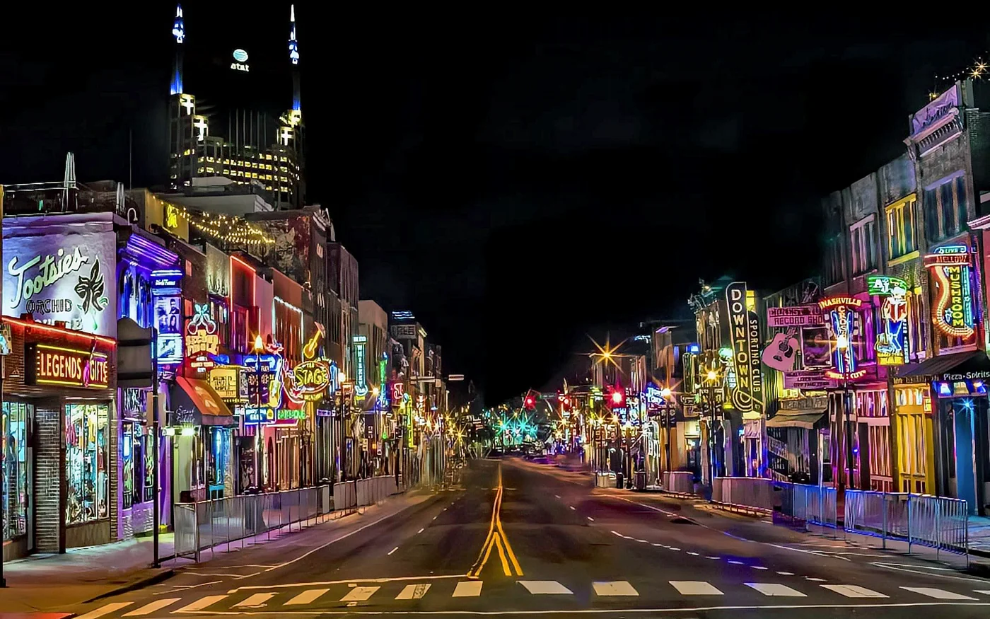 Lower Broadway in Nashville at night