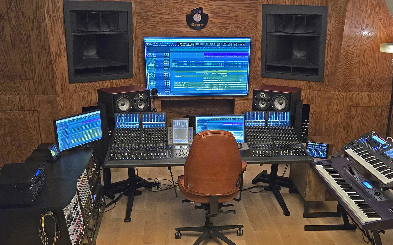 Studio Five in Brentwood: the console between the big horn monitors