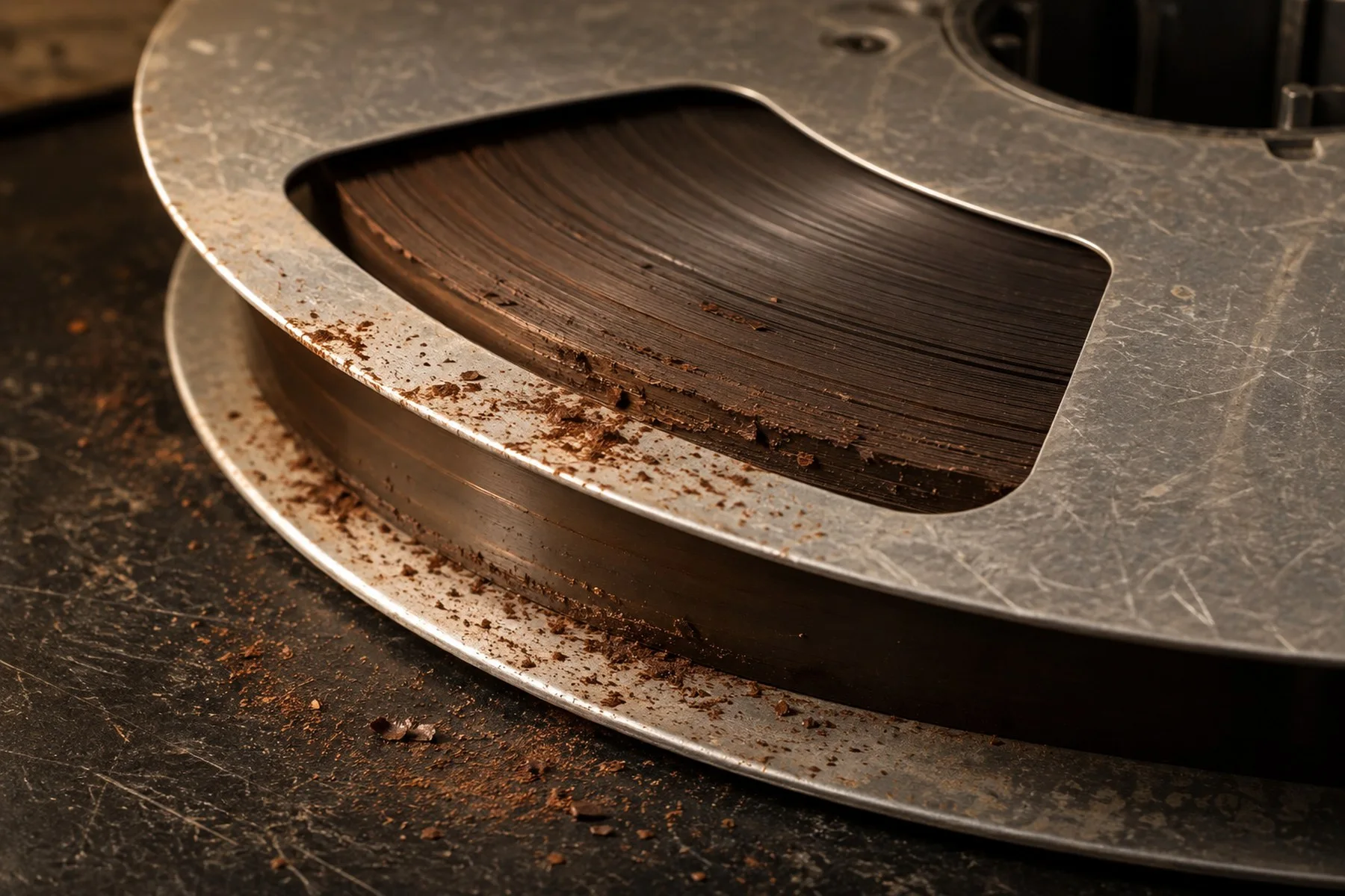 Oxide flaking off an old reel of tape