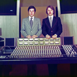 Opening day of the original Studio A in March 1973. Mike and Gary spent so much money on the Auditronics console that they had nothing but cheap double-knit suits to wear for the photo. Opening day of the original Studio A in March 1973. Mike and Gary spent so much money on the Auditronics console that they had nothing but cheap double-knit suits to wear for the photo.
