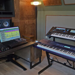 Producer's desk and keyboards. Producer's desk and keyboards.